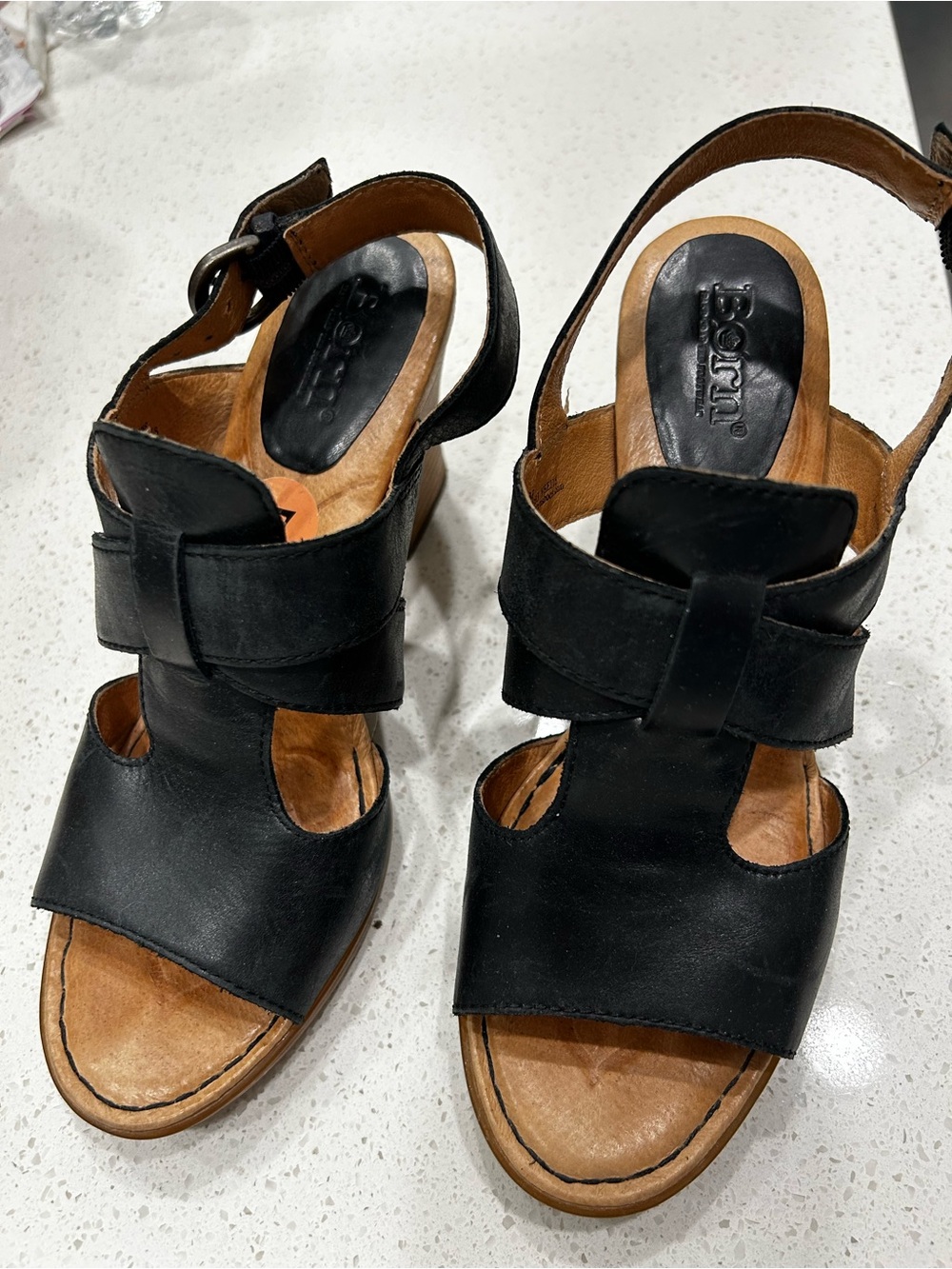 Born Black Leather Open-Toe Wedge Sandals